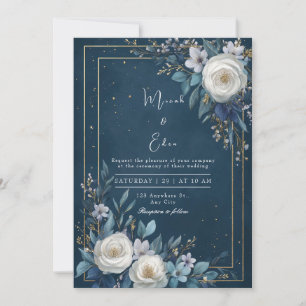 Invitation Mariage Luxueux Rose Blanche Or Bleu Marine