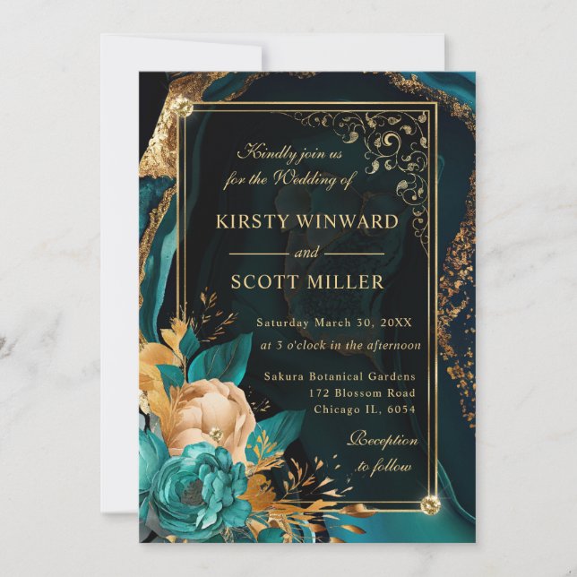 Invitation Mariage Luxueux Rose en Agate Florale Sarcelle et  (Devant)