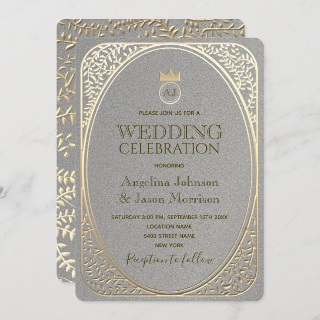 Invitation Mariage luxueux Silver & Gold Floral (Devant / Derrière)