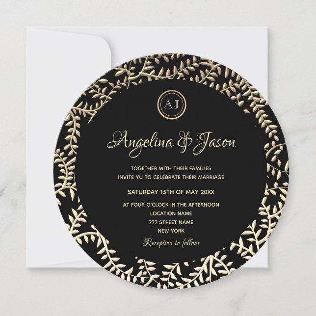 Invitation Mariage Luxueux Vintage Or et Noir (Devant)