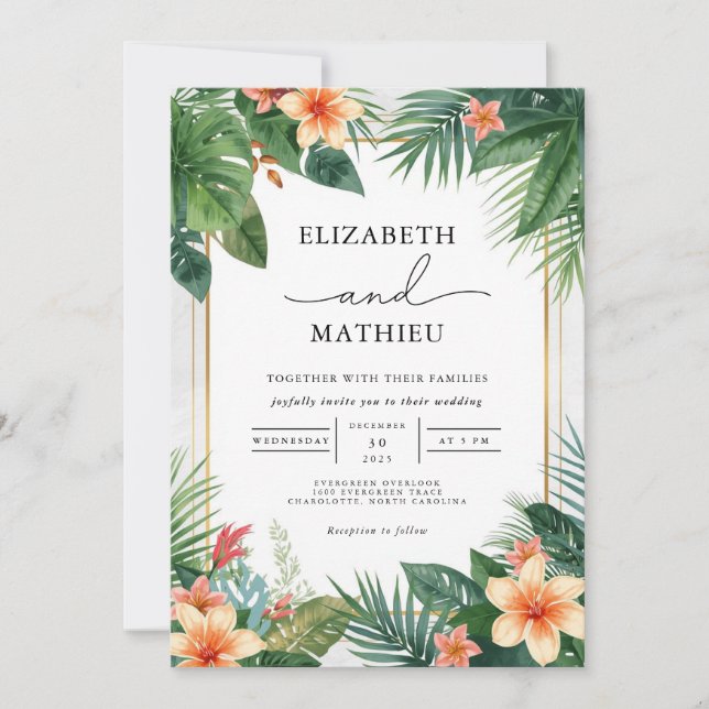 Invitation Mariage luxuriant à feuilles tropicales (Devant)