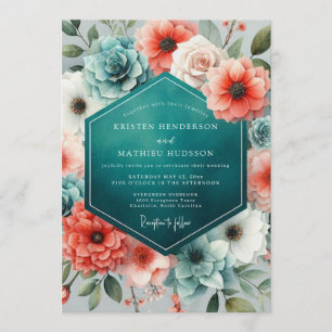 Invitation Mariage luxuriant de corail sarcelle et de succule