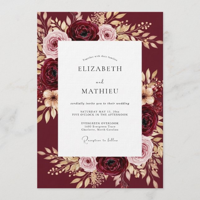 Invitation Mariage luxuriant de fleurs de Bourgogne (Devant)