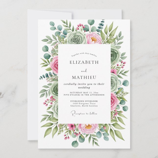 Invitation Mariage luxuriant de succulentes vert sauge (Devant)