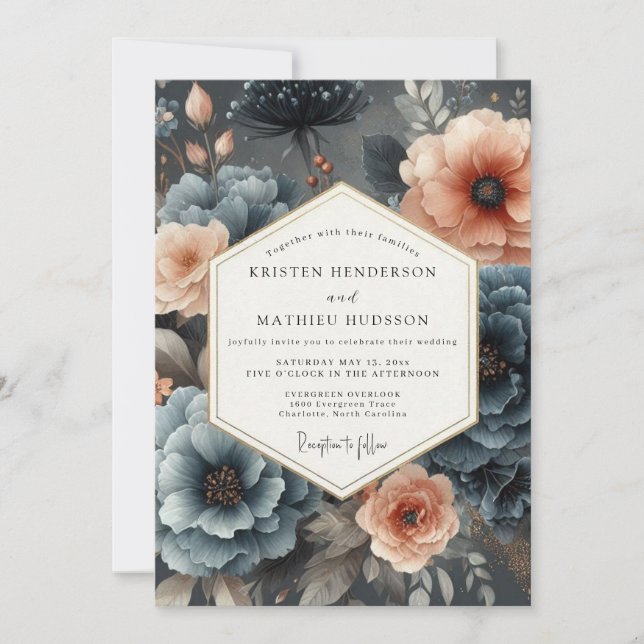 Invitation Mariage lyrique au ton ardoise et pêche (Devant)