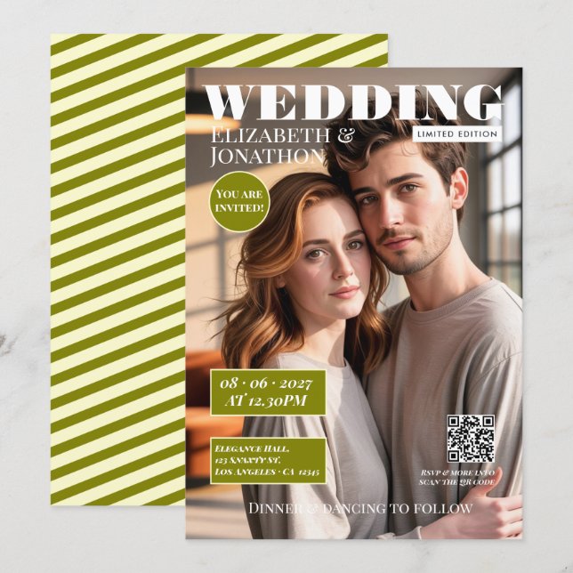 Invitation Mariage Magazine Olive Green & Cream Photo (Devant / Derrière)