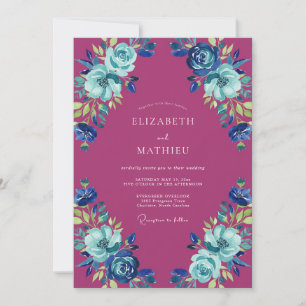 Invitation Mariage Magenta Azur Ranunculus Eucalyptus