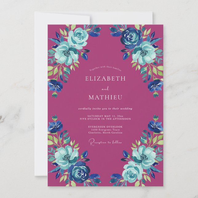 Invitation Mariage Magenta Azur Ranunculus Eucalyptus (Devant)