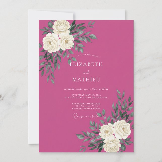 Invitation Mariage Magenta Blanc Ranunculus Eucalyptus (Devant)