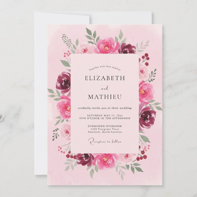 Invitation Mariage Magenta Bourgogne Ranunculus Eucalyptus (Devant)