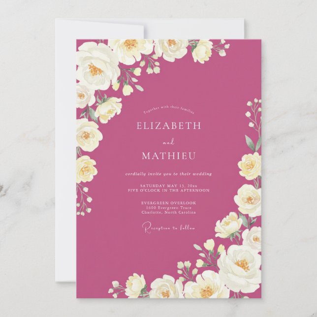 Invitation Mariage Magenta Crème Ranunculus Eucalyptus (Devant)