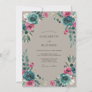 Invitation Mariage Magenta Cyan Ranunculus Eucalyptus