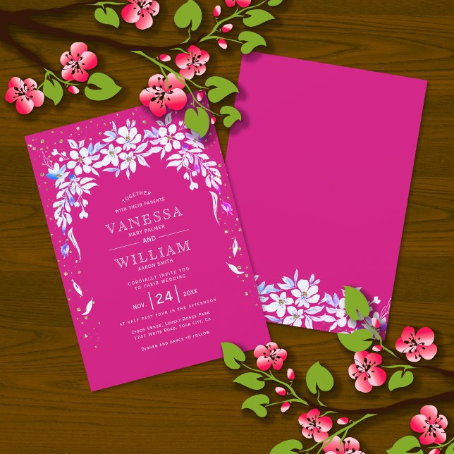 Invitation Mariage magenta de la guirlande à fleurs blanches (Créateur téléchargé)