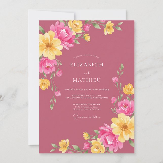 Invitation Mariage Magenta Jaune Ranunculus Eucalyptus (Devant)