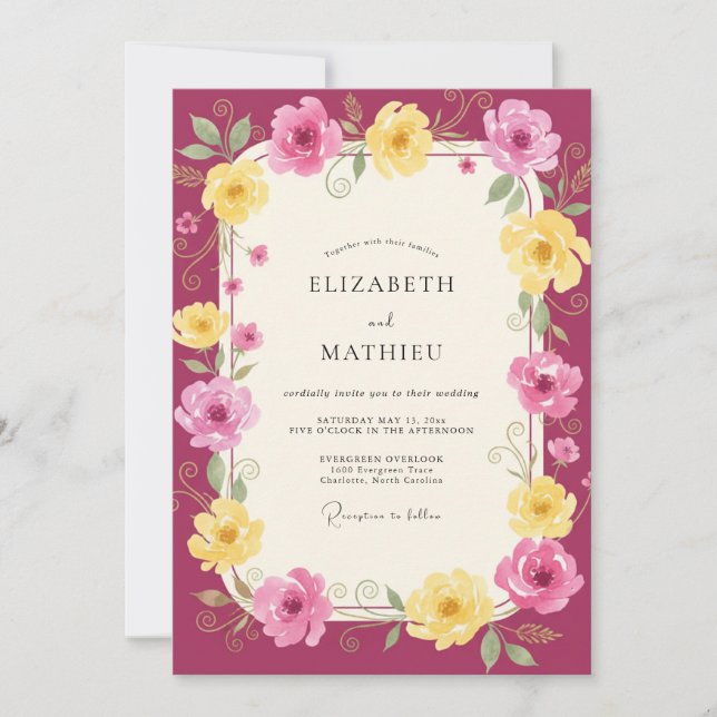 Invitation Mariage Magenta Jaune Ranunculus Eucalyptus Muted (Devant)
