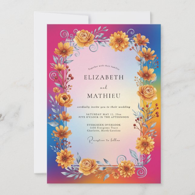 Invitation Mariage Magenta Jaune Tournesol Eucalyptus (Devant)