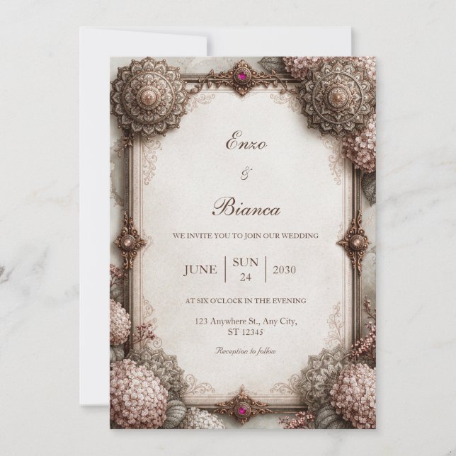 Invitation Mariage Magenta Jewel Or Rose (Devant)