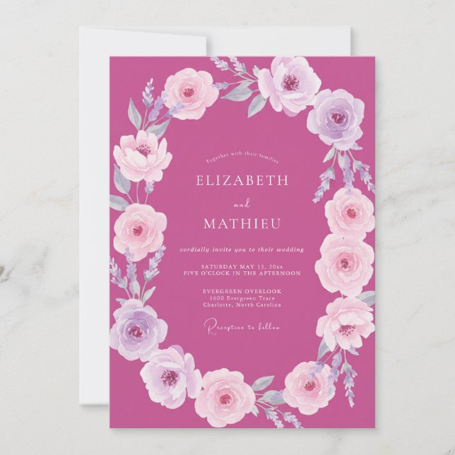Invitation Mariage Magenta Lavande Ranunculus Eucalyptus (Devant)