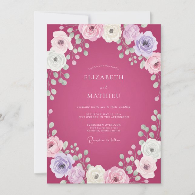 Invitation Mariage Magenta Lilas Ranunculus Eucalyptus (Devant)