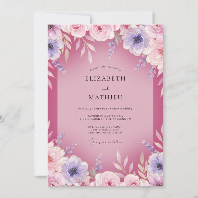 Invitation Mariage Magenta Mauve Ranunculus Eucalyptus (Devant)