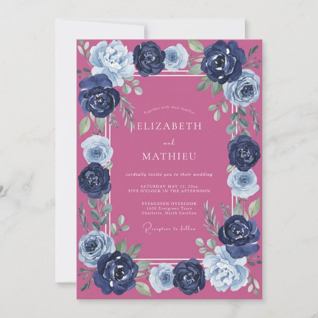 Invitation Mariage Magenta Nuit Ranunculus Eucalyptus (Devant)