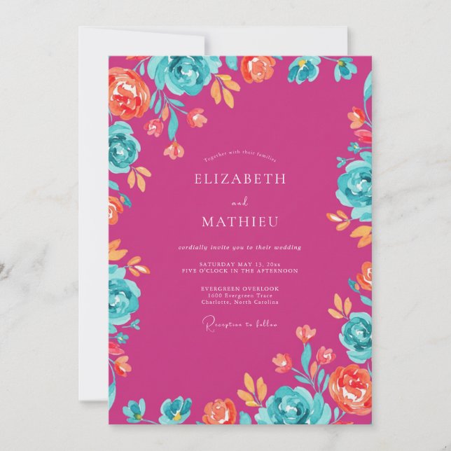Invitation Mariage Magenta Orange Ranunculus Eucalyptus Pouss (Devant)