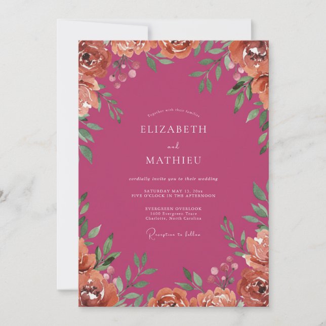 Invitation Mariage Magenta Pivoine Pêche (Devant)