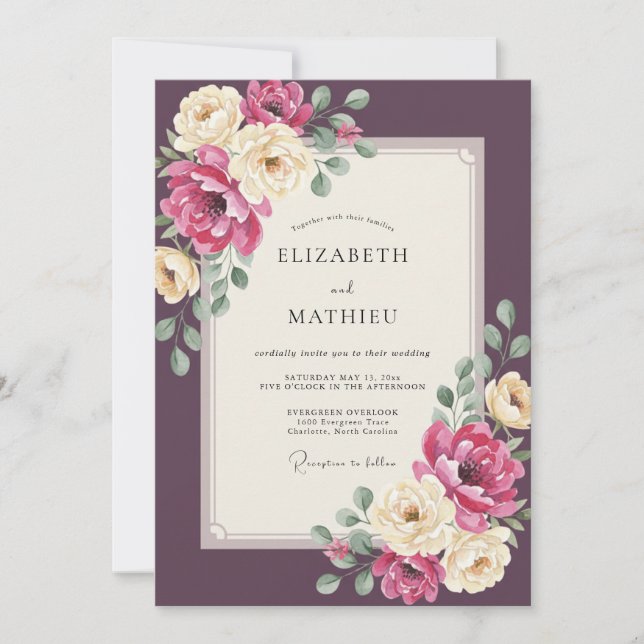 Invitation Mariage Magenta Prune Ranunculus Eucalyptus Gris (Devant)