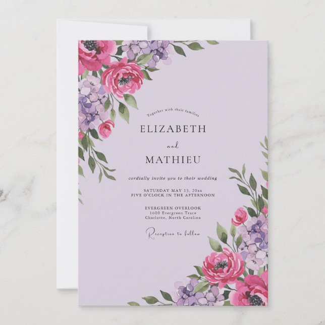 Invitation Mariage Magenta Prune Ranunculus Eucalyptus Poussi (Devant)