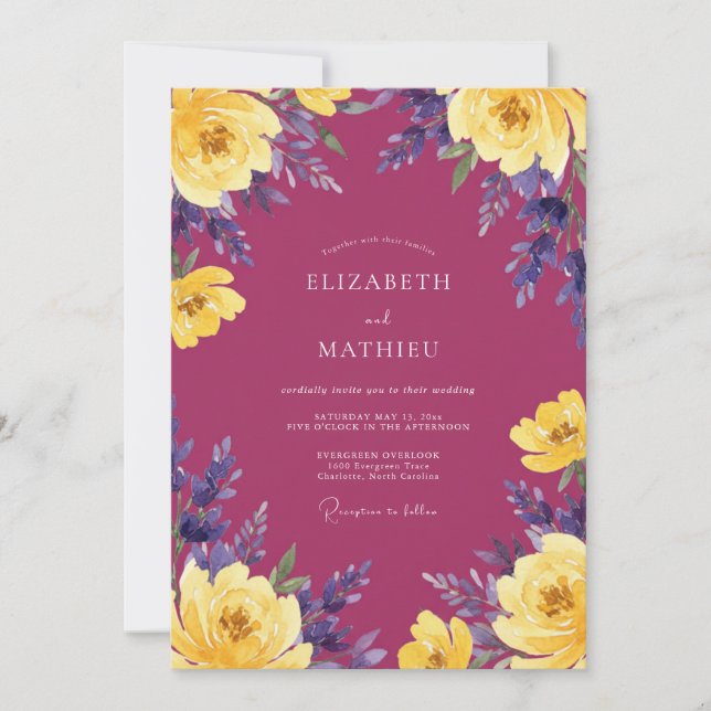 Invitation Mariage Magenta Ranunculus Eucalyptus Violet (Devant)
