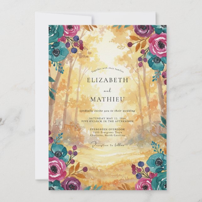 Invitation Mariage Magenta Sarcelle Bois Eucalyptus (Devant)