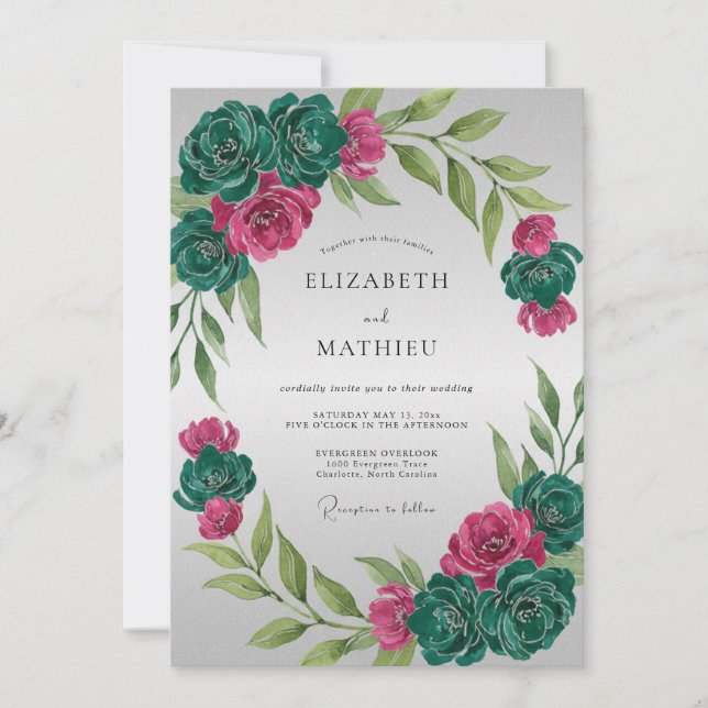 Invitation Mariage Magenta Téal Ranunculus Eucalyptus (Devant)