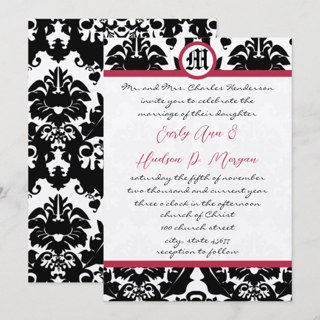Invitation Mariage Magenta Trim noir & blanc Damask (Devant / Derrière)