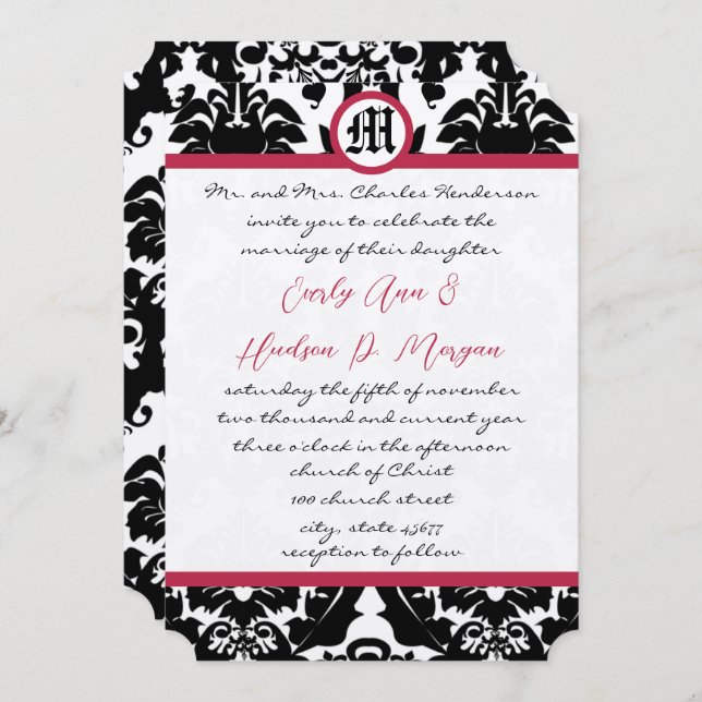 Invitation Mariage Magenta Trim noir & blanc Damask (Devant / Derrière)