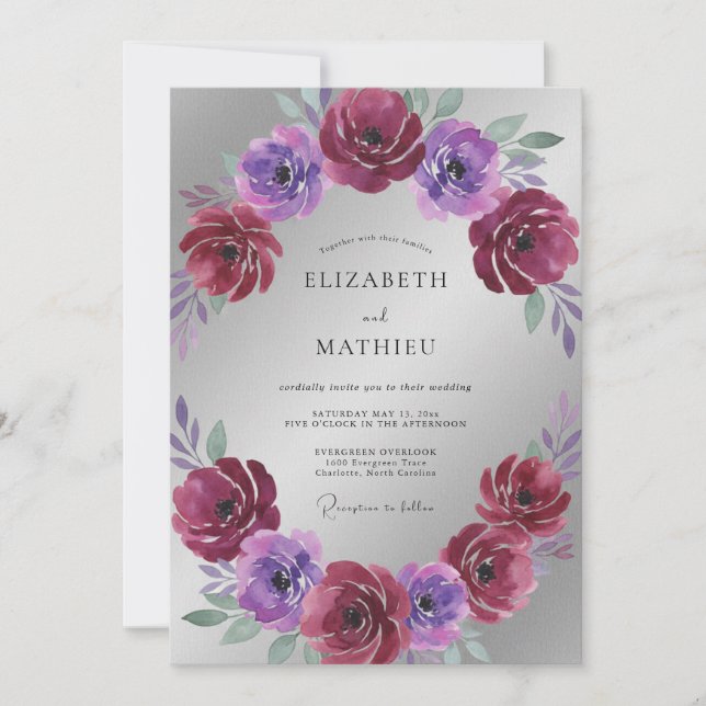 Invitation Mariage Magenta Violet Ranunculus Eucalyptus (Devant)