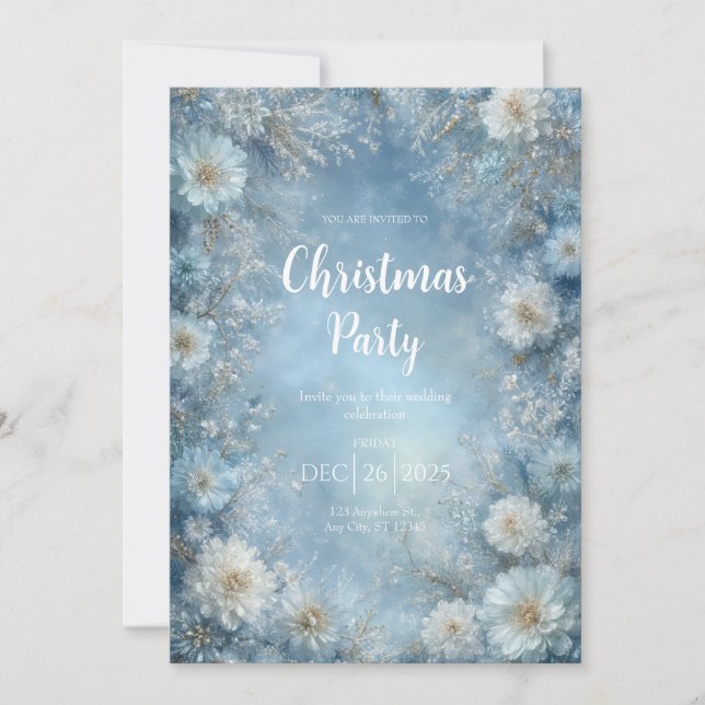 Invitation Mariage Magique d'Hiver aux Fleurs Blanches Bleuté (Devant)