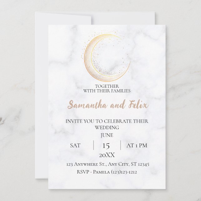 Invitation Mariage Magique en Marbre au Croissant d'Or (Devant)