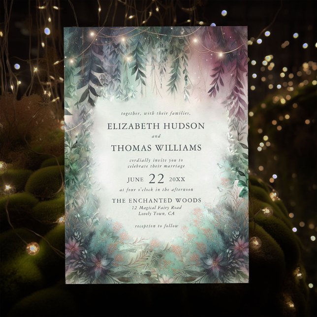 Invitation Mariage magique Enchanted Forest Green Mauve (magical forest wedding invitation watercolor enchanted woods fairy magical fairytale emerald gold)