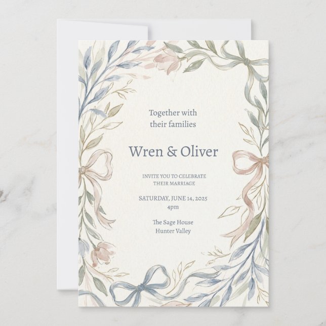 Invitation Mariage Magnolia Bleu Vert (Devant)