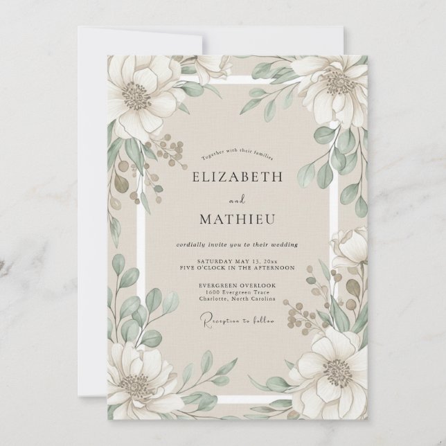 Invitation Mariage Magnolia Eucalyptus Ivoire (Devant)