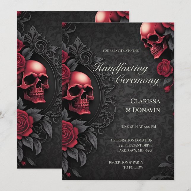 Invitation Mariage Main Dans la Main Gothique Rouge & Noir Cr (Devant / Derrière)