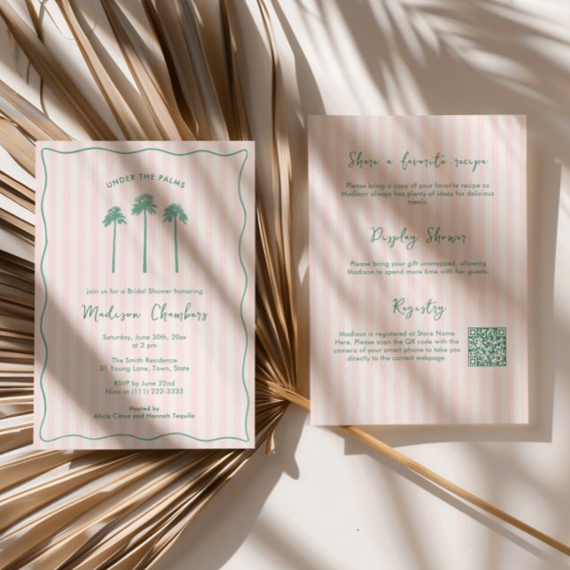 Invitation Mariage Main-Dessinée Palm Springs Rose Vert (Preppy pink and green Palm Springs Bridal Shower invitation with hand drawn fan palms & wavy border)