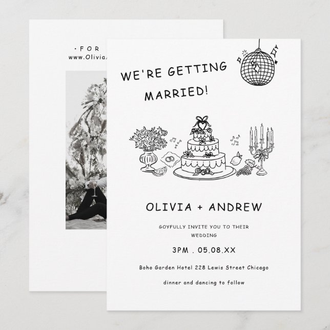 Invitation Mariage Main Levée Fantaisiste Noir et Blanc (Devant / Derrière)