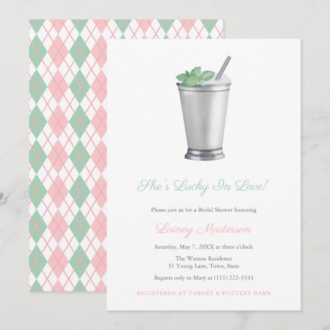 Invitation Mariage main peinte Mint Julep Argyle Derby Shower (Devant / Derrière)