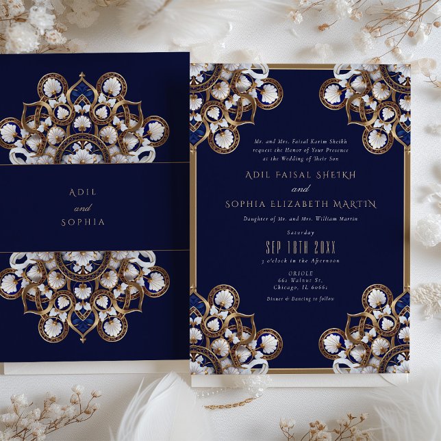 Invitation Mariage majestueux de Midnight Blue et Gold Floral (Créateur téléchargé)