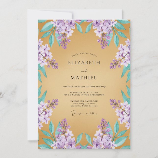Invitation Mariage majestueux lilas doré (Devant)