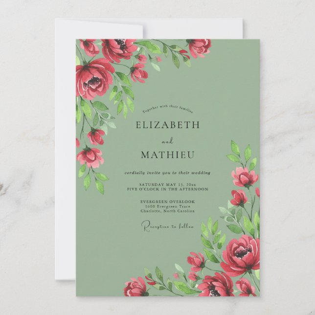 Invitation Mariage Majestueux Rose Vert Sage (Devant)