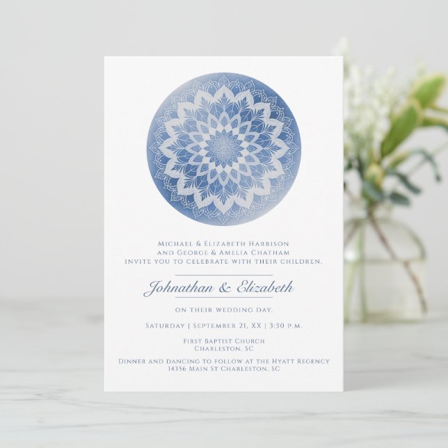 Invitation Mariage Mandala Brodé Bleu (Debout devant)