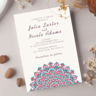 Invitation Mariage Mandala Croissant Rouge Bleu Chaud
