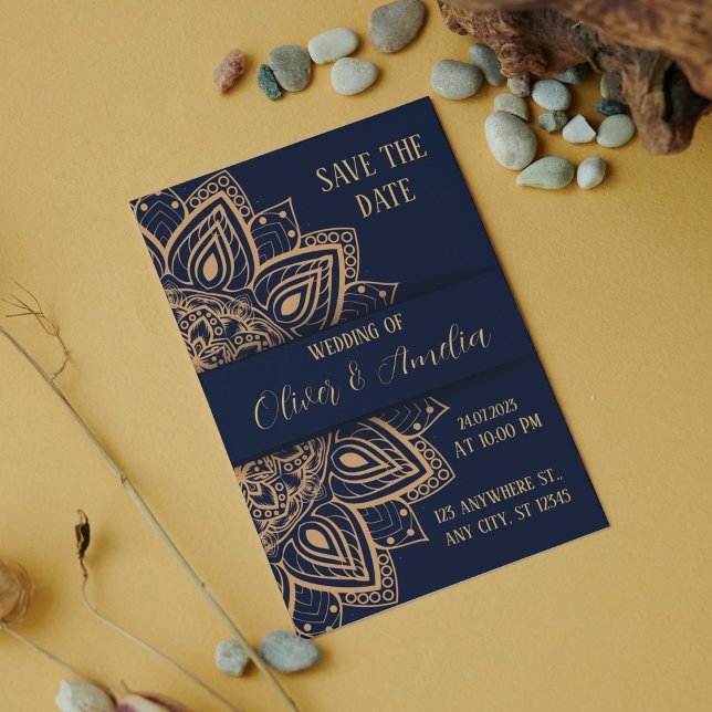 Invitation Mariage Mandala de luxe bleu marine et or (Créateur téléchargé)